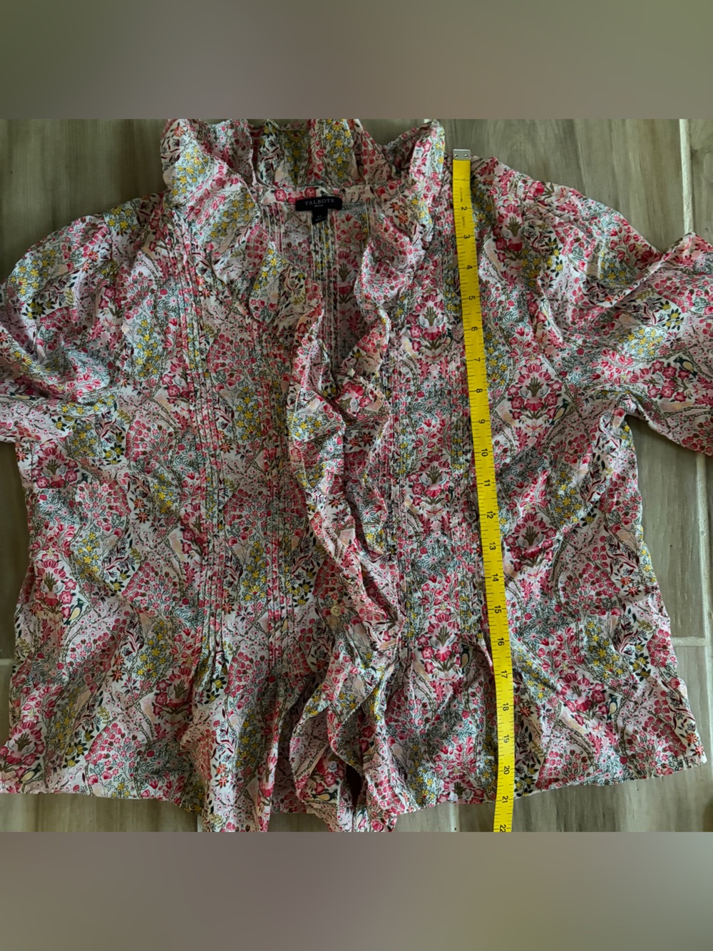 Talbots | Pintuck Ruffle V-Neck Blouse - Pink Branching Floral | Women’s LP - Picture 9 of 11
